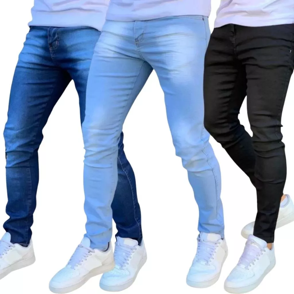 Kit com 3 Calças Jeans Masculina Premium Skinny Corte tradicional Basico com Lycra Lavagem Clara Escura ou Preta premium