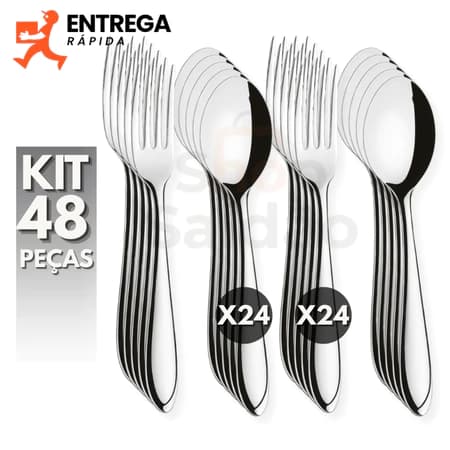 Kit 48 Peças Jogo de Talhares Inox 24 Colher de Sopa / Mesa e 24 Garfos de Mesa Talheres Faqueiro