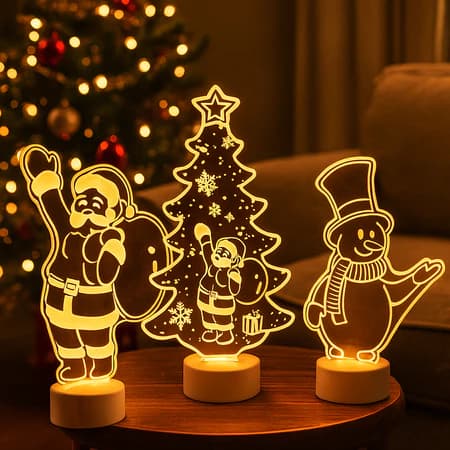Kit 3 Luminárias PISCA-PISCA 14cm Natal LED Acrílico Pisca- Multicolor – Papai Noel, Árvore e Boneco de Neve | Decoração