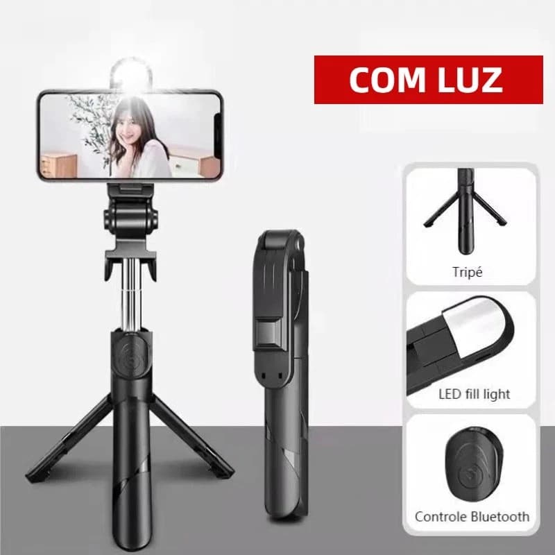 Bastão Pau de selfie Tripé Retrátil Com Luz LED Controle Bluetooth Celular